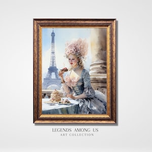 Printable Marie Antoinette Eating Cake in Modern Day Paris Watercolor Painting, Vintage meets Modern Art Print, Art Digital Download.