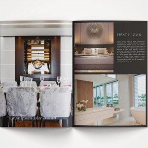K&ouml;nnte beinhalten: Eine Doppelseite aus einem Magazin, die die Innenarchitektur eines Luxushauses zeigt. Die erste Seite zeigt ein Esszimmer mit einem gro&szlig;en Spiegel und einem Glastisch mit St&uuml;hlen. Die zweite Seite zeigt ein Schlafzimmer mit einem gro&szlig;en Bett und ein Badezimmer mit einer Badewanne und einem Waschtisch.
