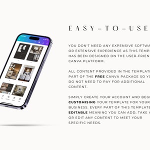 K&ouml;nnte beinhalten: Ein Screenshot eines Mobiltelefons, auf dem eine Canva-Vorlage f&uuml;r ein Unternehmen angezeigt wird. Die Vorlage ist anpassbar und enth&auml;lt Bilder von Innendesignprojekten. Der Text auf dem Bildschirm lautet "EASY-TO-USE".