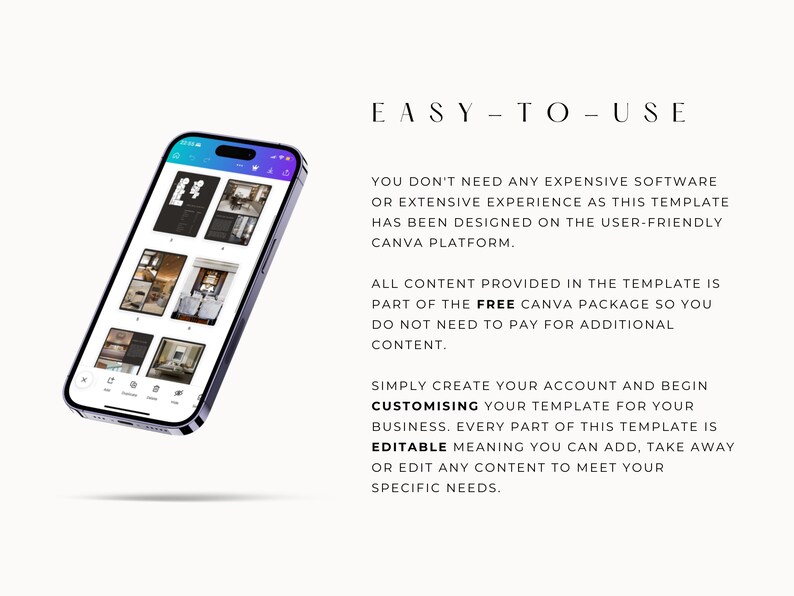K&ouml;nnte beinhalten: Ein Screenshot eines Mobiltelefons, auf dem eine Canva-Vorlage f&uuml;r ein Unternehmen angezeigt wird. Die Vorlage ist anpassbar und enth&auml;lt Bilder von Innendesignprojekten. Der Text auf dem Bildschirm lautet "EASY-TO-USE".