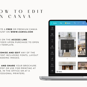 K&ouml;nnte beinhalten: Ein Laptop-Bildschirm zeigt eine Canva-Designvorlage mit dem Text "HOW TO EDIT ON CANVA". Die Vorlage ist f&uuml;r eine Brosch&uuml;re f&uuml;r Luxusimmobilien und enth&auml;lt Bilder von einem Geb&auml;ude&auml;u&szlig;eren, Innenr&auml;umen und Grundrissen. Der Text auf dem Bildschirm enth&auml;lt auch Anweisungen, wie man ein kostenloses oder Premium-Canva-Konto erstellt, auf den Link zugreift, der beim Kauf bereitgestellt wird, die Vorlage anpasst und bearbeitet und die Brosch&uuml;re speichert und teilt.