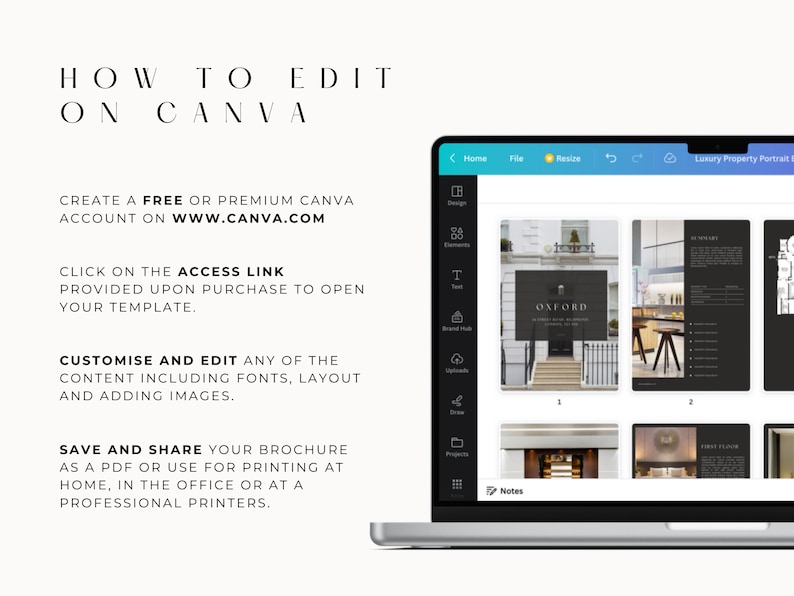 K&ouml;nnte beinhalten: Ein Laptop-Bildschirm zeigt eine Canva-Designvorlage mit dem Text "HOW TO EDIT ON CANVA". Die Vorlage ist f&uuml;r eine Brosch&uuml;re f&uuml;r Luxusimmobilien und enth&auml;lt Bilder von einem Geb&auml;ude&auml;u&szlig;eren, Innenr&auml;umen und Grundrissen. Der Text auf dem Bildschirm enth&auml;lt auch Anweisungen, wie man ein kostenloses oder Premium-Canva-Konto erstellt, auf den Link zugreift, der beim Kauf bereitgestellt wird, die Vorlage anpasst und bearbeitet und die Brosch&uuml;re speichert und teilt.