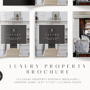 K&ouml;nnte beinhalten: Eine dunkelgraue und wei&szlig;e Brosch&uuml;re f&uuml;r Luxus-Immobilien mit dem Text "OXFORD" und "14 STREET ROAD, RICHMOND, LONDON, 123 456" auf dem Titel. Die Brosch&uuml;re ist 21 cm x 29,6 cm gro&szlig; und hat 12 Seiten.