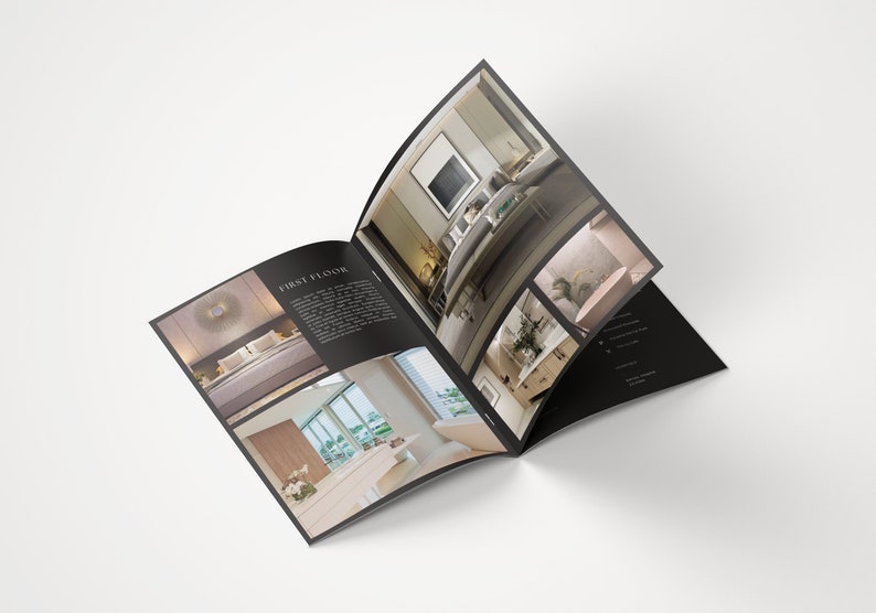 K&ouml;nnte beinhalten: Offene Brosch&uuml;re mit Einrichtungsideen f&uuml;r ein Haus. Die Brosch&uuml;re zeigt Bilder eines Schlafzimmers, eines Badezimmers und eines Wohnzimmers mit modernen M&ouml;beln und Dekoration.