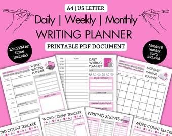 Daily, Weekly, Monthly Writing Planner Set, PRINTABLE PDF, Writers planner, Word Tracker, Writing Sprint, Author, A4, US Letter, Pink Grey