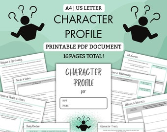 Create the ultimate CHARACTER PROFILE for the main character of your story! | 16 Pages | PDF Printable | A4 | Us Letter | Green | Writer