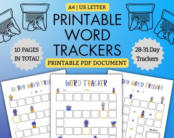 Wort Tracker bündeln! | DRUCKBARE PDF | Schrift Tracker | Monatlicher Schreibtracker | Wort Tracker | Schriftsteller | DIN A4 | US Letter | Marineblau | Grau