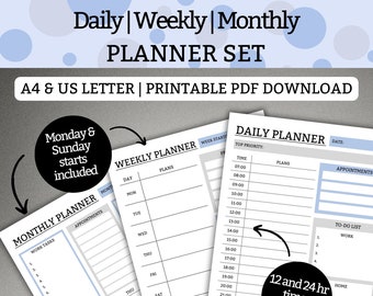 Work from Home Planner Set, Daily Planner, Weekly Planner, Monthly Planner, Printable PDF, Printable Planner, A4/US LETTER, Blue and Grey