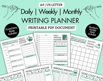 Daily, Weekly, Monthly Writing Planner Set, PRINTABLE PDF, Writers planner, Word Tracker, Writing Sprint, Author, A4, US Letter, Mint Grey