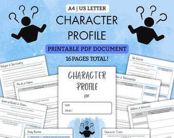 16 page CHARACTER PROFILE to help you craft the best main character for your story! | PDF Printable | A4 | Us Letter | Blue | Writer