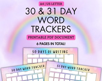 6 PAGE Rainbow Word Tracker Bundle! | PDF Printable | 30 Day Tracker | 31 Day Tracker | A4 | US Letter | Writers | Writing | Word Count