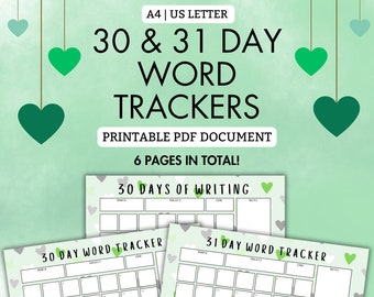 30 & 31 Day Word Tracker Bundle | PDF Printable | 6 PAGES! | A4 | US Letter | Writer | Writing | Author | Word Tracker | Word Count | Green