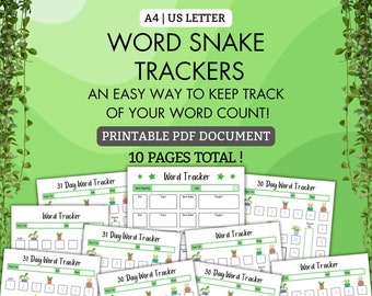Wort Schlange Tracker Set | 30 Tage 31 Tage | DRUCKBARE PDF | Schrift Tracker | Word Count Tracker | Schriftsteller | Autor | A4 US Letter | Nanowrimo