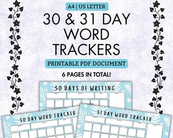 30 and 31 Day Word Trackers! | PDF Printable | 6 PAGES! | Writing Tracker | A4 | US Letter | Writers | Writing | Author | Word Count Tracker