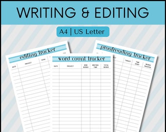 Word Count Tracker, Editing Tracker, Proofreading Tracker, Writing Tracker, Writing Tools, Printable PDF, A4/US Letter, Turquoise