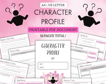 CHARACTER PROFILE to help you craft the best protagonist for your story! | 16 Pages | PDF Printable | A4 | Us Letter | Pink| Writer