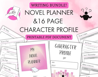 May include: A printable PDF document for novel planning and character development. The document includes a pink and white cover with the title "My Novel Planner" and a character profile section with the title "Character Profile for".