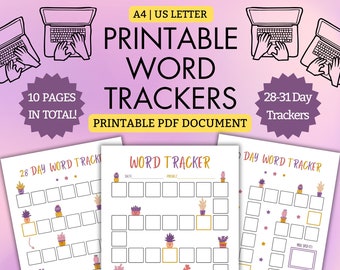Wort Tracker bündeln! | DRUCKBARE PDF | Schrift Tracker | Monatlicher Schreibtracker | Wort Tracker | Schriftsteller | DIN A4 | US Letter | Rosa-Lila