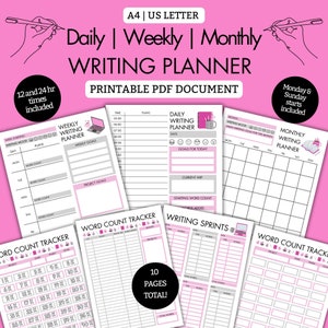 Conjunto de planificador de escritura diario, semanal y mensual, PDF IMPRIMIBLE, Planificador de escritores, Rastreador de palabras, Sprint de escritura, Autor, A4, Carta de EE. UU., Gris rosa