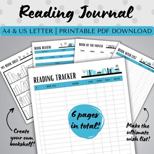 Lese Journal Bundle! 6 Seiten! Lese-Tracker, Buchbesprechung, Wunschliste, Regalseite, Monatsbücher, A4, DRUCKBAR, Türkis