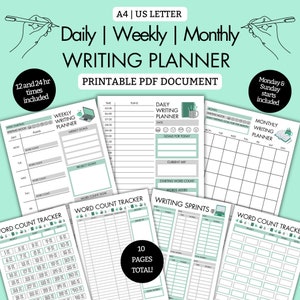 Dagelijks, wekelijks, maandelijks schrijfplannerset, afdrukbare PDF, schrijversplanner, Word Tracker, schrijfsprint, auteur, A4, US Letter, Mint Grey