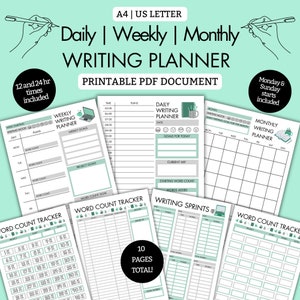 Daily, Weekly, Monthly Writing Planner Set, PRINTABLE PDF, Writers planner, Word Tracker, Writing Sprint, Author, A4, US Letter, Mint Grey