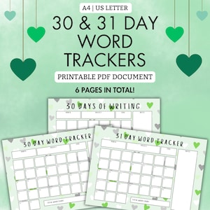 Paquete de seguimiento de palabras de 30 y 31 días / PDF imprimible / ¡6 PÁGINAS! / A4 / Carta estadounidense / Escritor / Escritura / Autor / Rastreador de palabras / Conteo de palabras / Verde