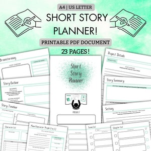 ¡Planifica tu camino hacia una gran historia corta con el planificador de 23 páginas! / PDF imprimible / Fácil de usar / ¡Perfecto para escritores! / A4 y carta EE. UU. / Verde