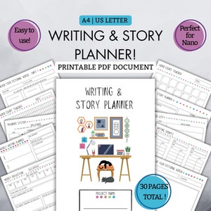 Planificador de escritura e historias / 30 páginas / PDF imprimible / Perfecto para Nanowrimo / Desafío de escritura / Escritor / Planificador de novelas / A4 / Tamaño carta de EE. UU.
