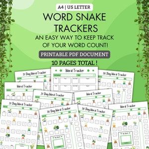 Wort Schlange Tracker Set | 30 Tage 31 Tage | DRUCKBARE PDF | Schrift Tracker | Word Count Tracker | Schriftsteller | Autor | A4 US Letter | Nanowrimo