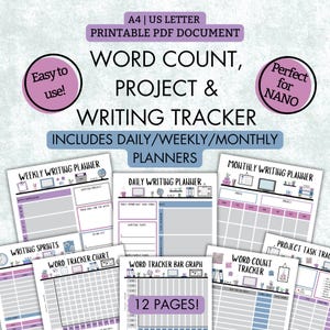 Conteo de palabras y seguimiento de proyectos / PDF imprimible / A4 / Carta de EE. UU. / 12 páginas / Sprints de escritura / Desafío de escritura / Planificador de escritura / Seguimiento