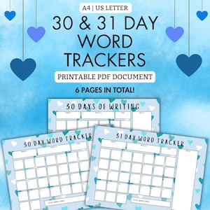 Paquete de seguimiento de palabras de corazones azules, PDF imprimible, ¡6 PÁGINAS! / A4 / Carta EE. UU. / Escritor / Escritura / Autor / Seguimiento de 30 días / Contador de palabras