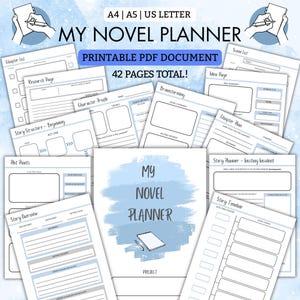 My Novel Planer | Druckbare PDF | 40 Seiten zur Hilfe bei der Planung deines BESTSELLERS! | DIN A4 | DIN A5 | US Letter | Blau | Schriftsteller | Schrift | Roman-Plan
