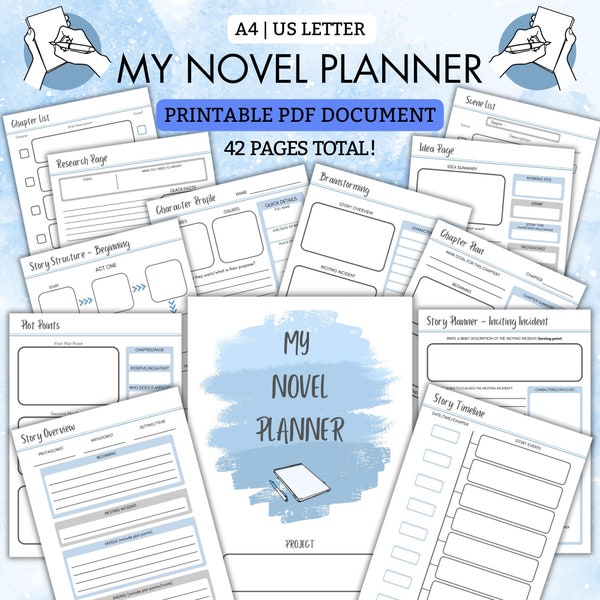 My Novel Planer | Druckbare PDF | 40 Seiten zur Hilfe bei der Planung deines BESTSELLERS! | A4 US Letter | Blau | Schriftsteller | Nanowrimo | Schrift | Roman-Plan