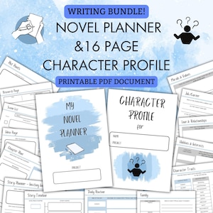 ¡Paquete de escritura! ¡Consigue juntos el Planificador de novelas y el Perfil de personaje de 16 páginas! / PDF imprimible / A4 / Carta EE. UU. / Escritor / Escritura / Azul
