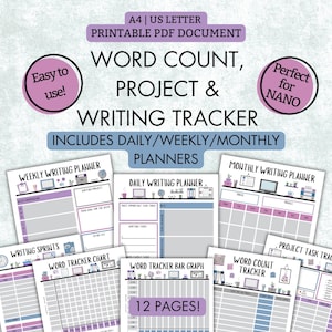 Word Count & Project Tracker | Printable PDF |  A4 | US Letter | 12 pages | Writing Sprints | Writing Challenge | Writing Planner | Tracker