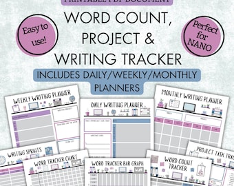 Word Count & Project Tracker | Printable PDF |  A4 | US Letter | 12 pages | Writing Sprints | Writing Challenge | Writing Planner | Tracker