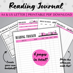 ¡Paquete de diario de seguimiento de lectura / PDF imprimible / 6 páginas! Rastreador de lectura, reseña de libros, lista de deseos, página de estante de libros, A4/CARTA EE. UU., rosa