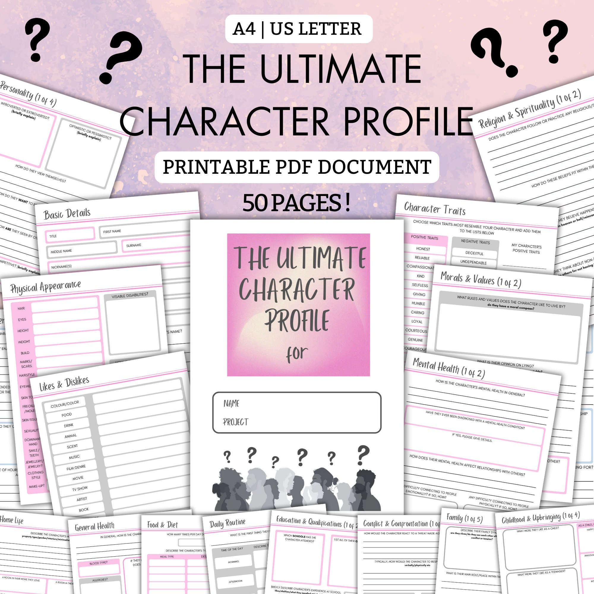 The ULTIMATE CHARACTER profile! | 50 pages! | PDF Printable | A4 | us Letter | Character Profile | Writing | Story Planner | Pink | Writer
