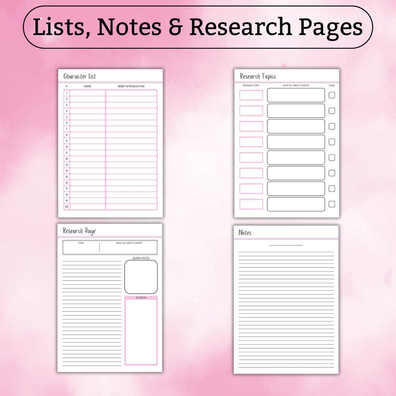 My Novel Planner Printable PDF 40 pages to help plan your BESTSELLER A4 US Letter Pink Writer Nanowrimo Writing Novel Plan image 7
