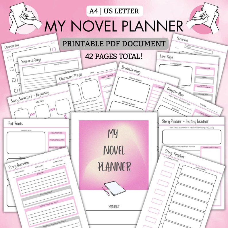 My Novel Planner Printable PDF 40 pages to help plan your BESTSELLER A4 US Letter Pink Writer Nanowrimo Writing Novel Plan image 1