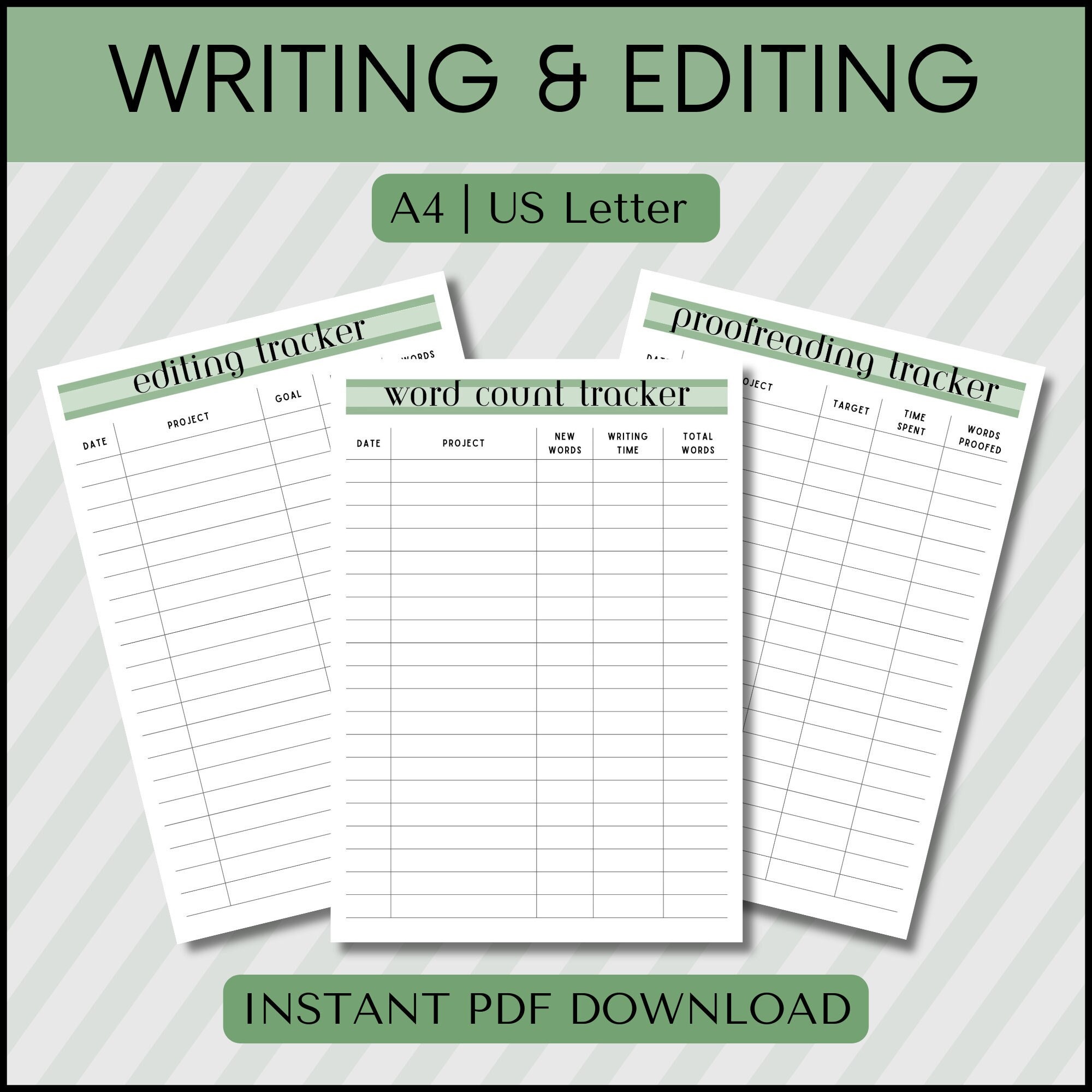 Word Count Tracker, Bearbeitungs-Tracker, Korrekturlesen-Tracker, Schreib-Tracker, Schreibwerkzeuge, druckbare PDF, A4 / US Letter, Salbeigrün