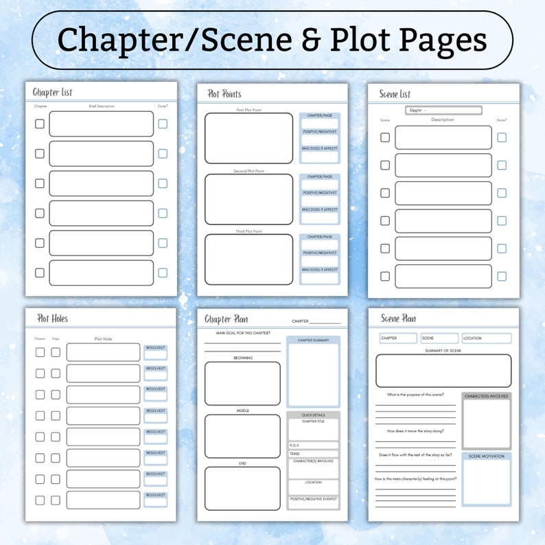 My Novel Planner Printable PDF 40 pages to help plan your BESTSELLER A4 US Letter Blue Writer Nanowrimo Writing Novel Plan zdjęcie 4