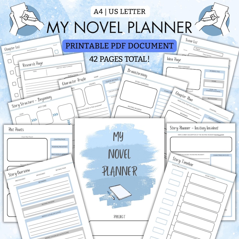 My Novel Planner Printable PDF 40 pages to help plan your BESTSELLER A4 US Letter Blue Writer Nanowrimo Writing Novel Plan zdjęcie 1