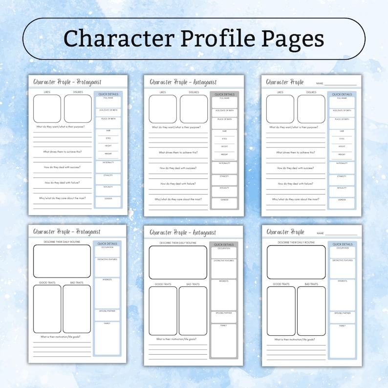 My Novel Planner Printable PDF 40 pages to help plan your BESTSELLER A4 US Letter Blue Writer Nanowrimo Writing Novel Plan zdjęcie 6