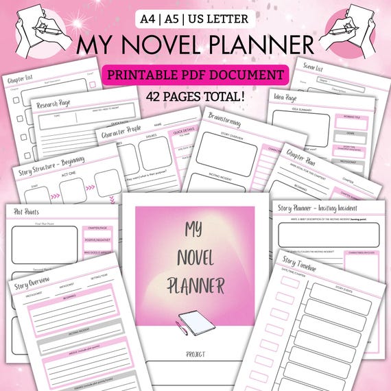 My Novel Planner | Printable PDF | 40 pages to help plan your BESTSELLER! | A4 | A5 | US Letter | Pink | Writer | Writing | Novel Plan