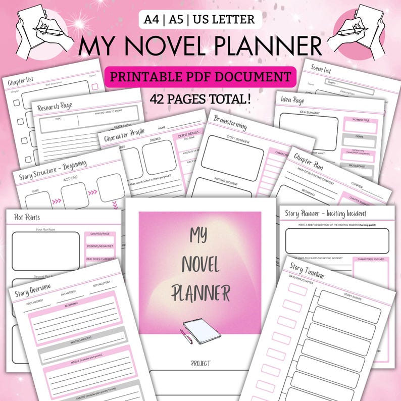 My Novel Planner | Printable PDF | 40 pages to help plan your BESTSELLER! | A4 | A5 | US Letter | Pink | Writer | Writing | Novel Plan image 1