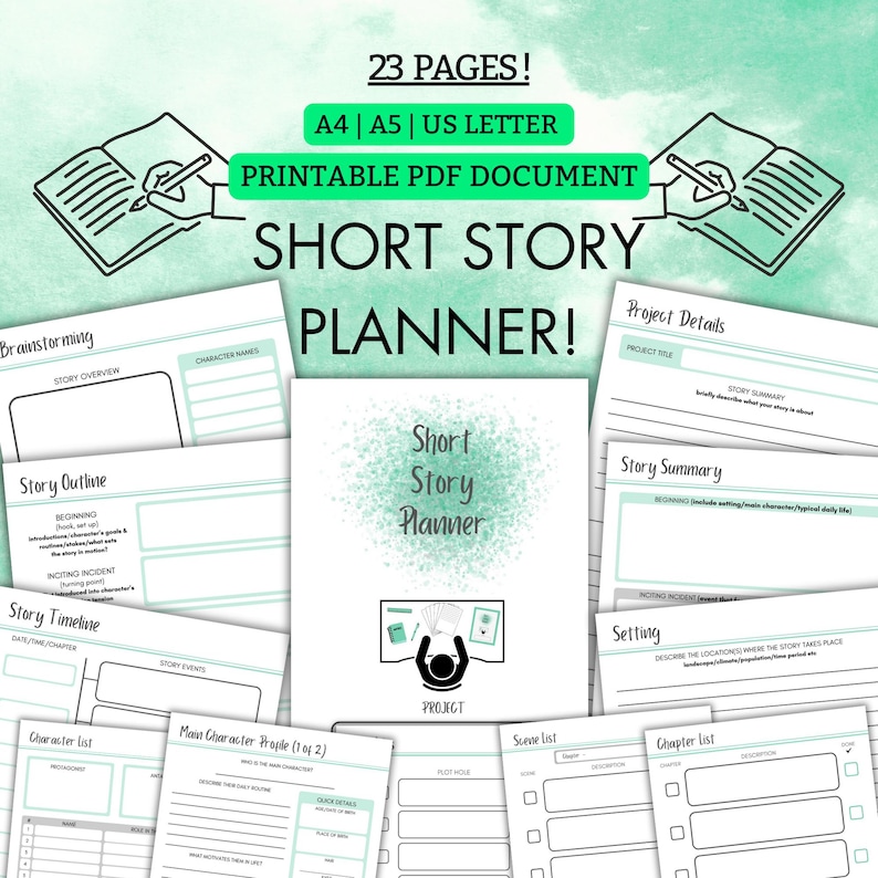 Short Story Planer | 23-seitige druckbare Schreibanleitung (PDF) A4 | DIN A5 | US LETTER Bild 1