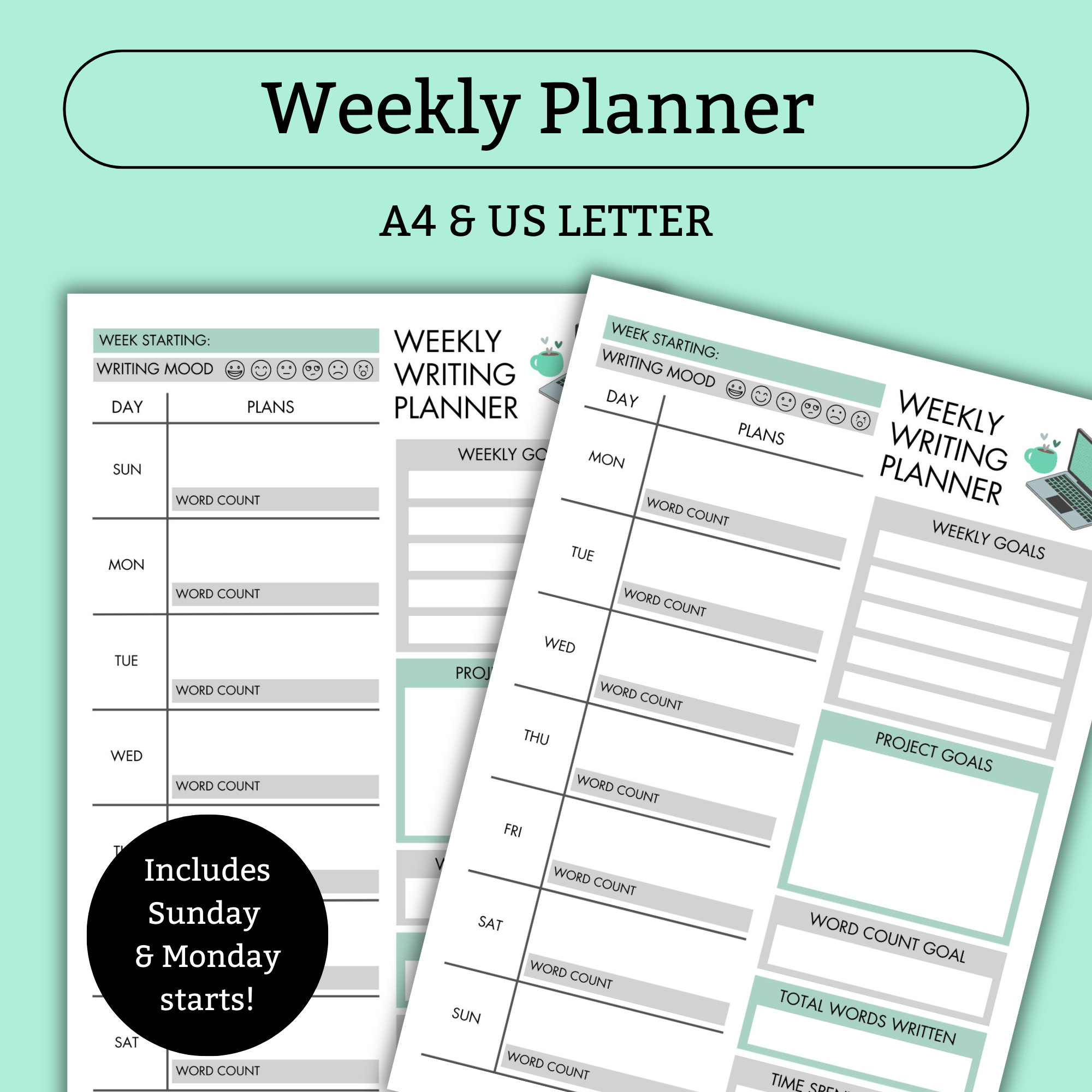 Daily, Weekly, Monthly Writing Planner Set, PRINTABLE PDF, Writers ...