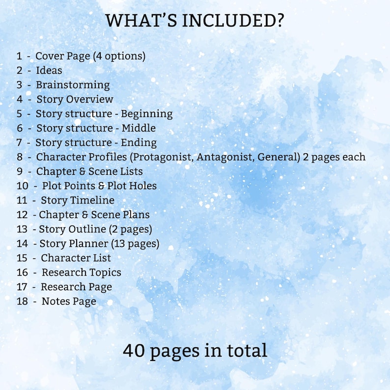 Mijn romanplanner | Afdrukbare pdf | 40 pagina's om je BESTSELLER te plannen! | A4 | A5 | Amerikaanse brief | Blauw | Schrijver | Schrijven | Nieuw plan: afbeelding 2